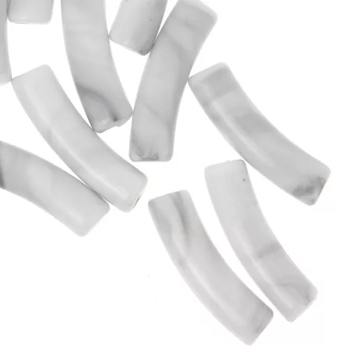 Curved tube beads 19x5 mm in opaque acrylic - Marbled White - Grey x10