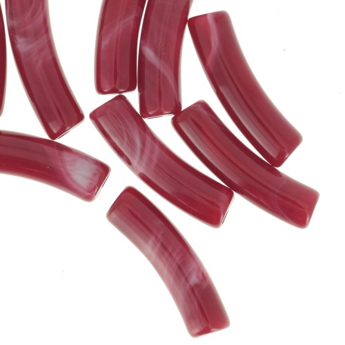 19x5 mm curved tube beads in opaque acrylic - Marbled Red x10