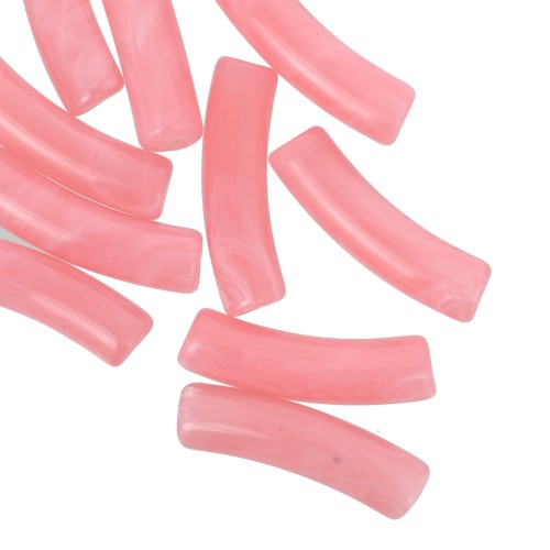 19x5 mm curved tube beads in translucent acrylic - Pink coral marbled x10