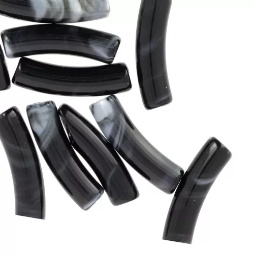 Curved tube beads 19x5 mm in opaque acrylic - Black marbled x10