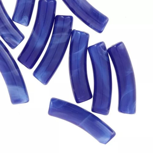 Opaque acrylic 19x5 mm curved tube beads - Royal blue marbled x10