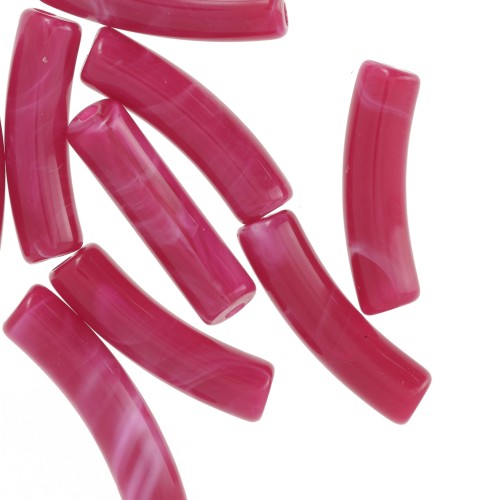 19x5 mm curved tube beads in opaque acrylic - Raspberry marbled x10