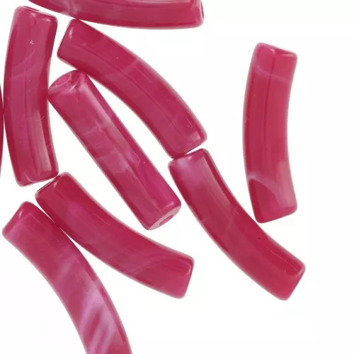 19x5 mm curved tube beads in opaque acrylic - Raspberry marbled x10