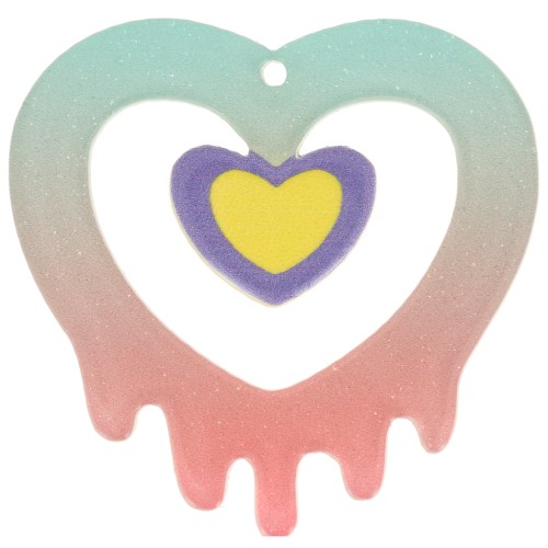 37x37.5mm hollow heart pendant in acrylic - Turquoise - Pink glitter x1