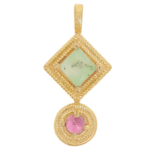 Ethnic pendant 21x10 mm - Fine gold plated - Chrysoprase - garnet x1
