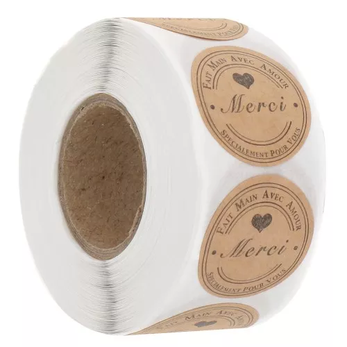 Roll of 25 mm self-adhesive labels - Merci - Brown x500