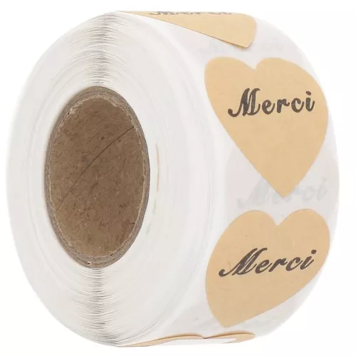 Roll of self-adhesive heart labels 23x25 mm - Merci - Brown x500