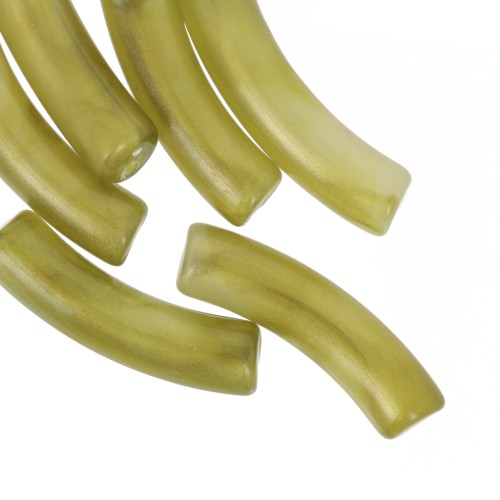 32x8 mm curved tube beads in translucent acrylic - Marbled olive pearl x6