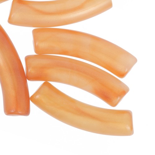 32x8 mm curved tube beads in translucent acrylic - Orange marbled pearl x6