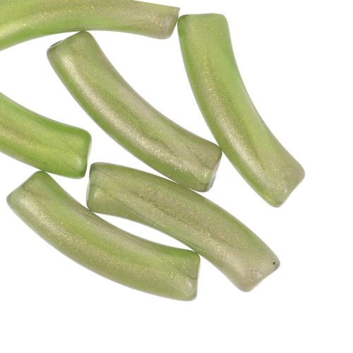 Clear acrylic 32x8 mm curved tube beads - Dark green glitter x6