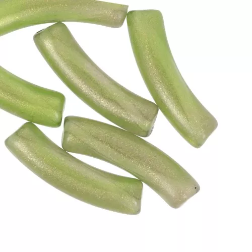 Clear acrylic 32x8 mm curved tube beads - Dark green glitter x6
