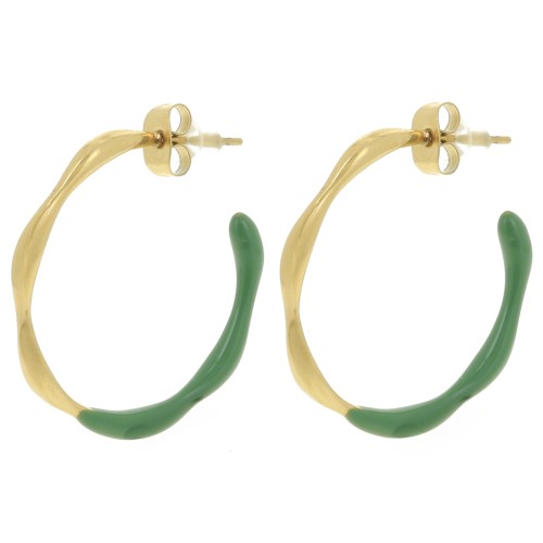 29mm 304L stainless steel Open hoop earrings with epoxy resin - Gold - Green x2