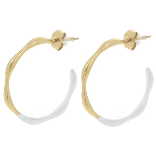 29mm 304L stainless steel Open hoop earrings with epoxy resin - Gold - White x2