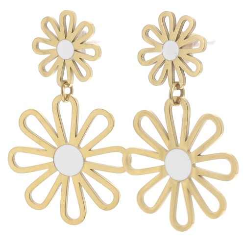 34x22mm 304L stainless steel Flower pendant earrings - Gold - White x2