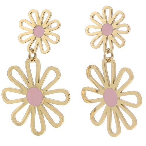 34x22mm 304L stainless steel Flower pendant earrings - Gold - Pink x2