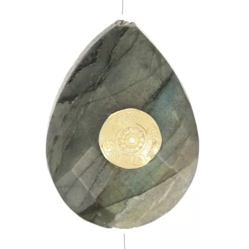 17x13mm Bead drop ethnic pattern Labradorite gemstone - Fine gold plated x1