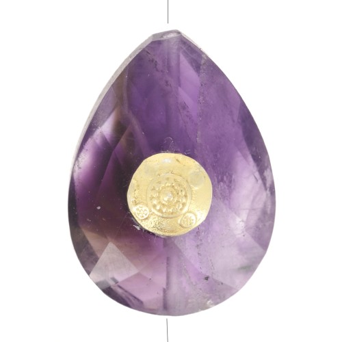 17x13mm Bead drop ethnic pattern Amethyst gemstone - Fine gold plated x1