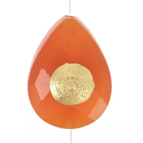 14x10mm Bead drop ethnic pattern gemstone tinted Carnelian Fine gold plated x1