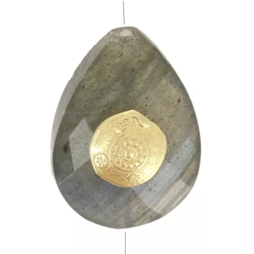14x10mm Bead drop ethnic pattern gemstone - Labradorite - Fine gold plated x1