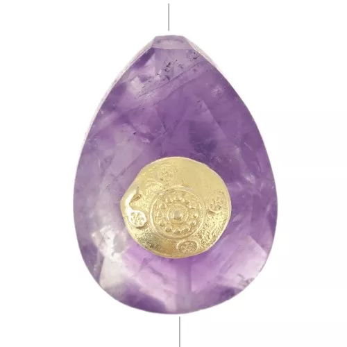 14x10mm Bead drop ethnic pattern gemstone - Amethyst - Fine gold plated x1