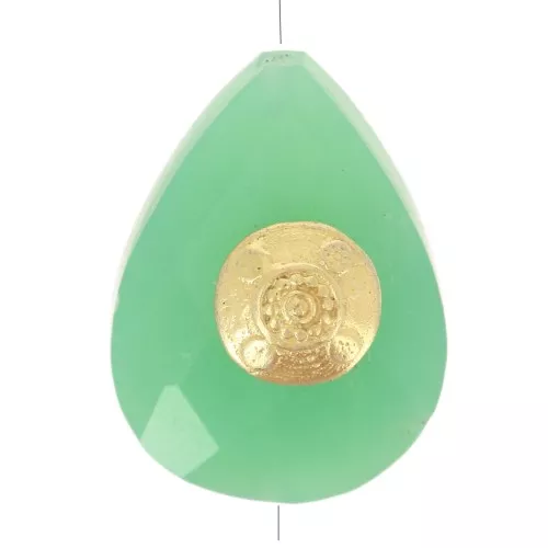14x10mm Bead drop ethnic pattern gemstone - Chrysoprase - Fine gold plated x1