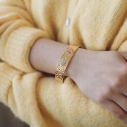 15x170mm 304L st. steel Adjustable hammered bead bracelet Amazonite - Gold x1