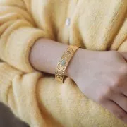 15x170mm 304L st. steel Adjustable hammered bead bracelet Amazonite - Gold x1