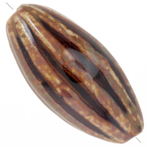 Ribbed olive-colored bead, 40x20 mm - Godron - ceramic - Brown - Beige x1