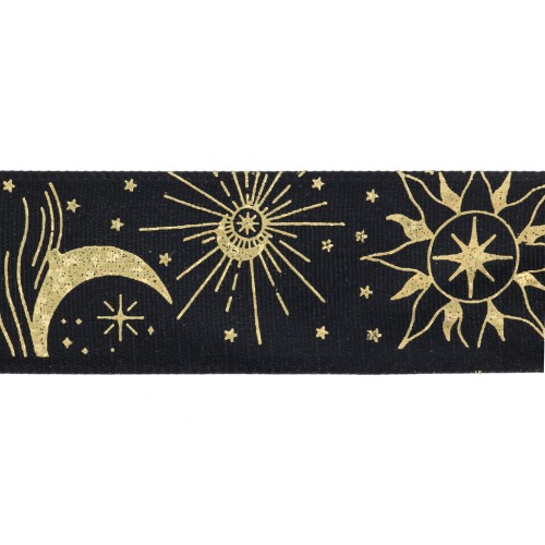 25mm polyester ribbon - astral pattern - Black - Gold x1m