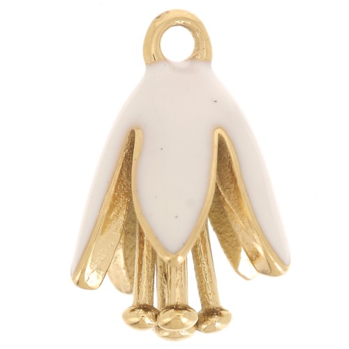 12x8mm 304L Stainless steel Flower charm in epoxy resin - Gold - White x1