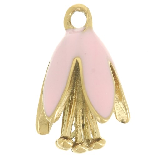 12x8mm 304Lstainless steel Flower charm in epoxy resin - Gold - Light pink x1