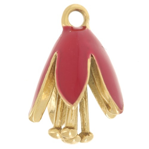 12x8mm 304Lstainless steel Flower charm in epoxy resin - Gold - Red x1