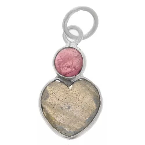 Heart pendant 9x9 mm Labradorite and cabochon 4 mm Strawberry Quartz - 925 Sterling Silver