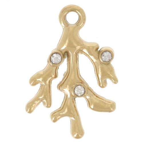 13x9 mm coral charm with rhinestones - Gold-plated 304 stainless steel x1