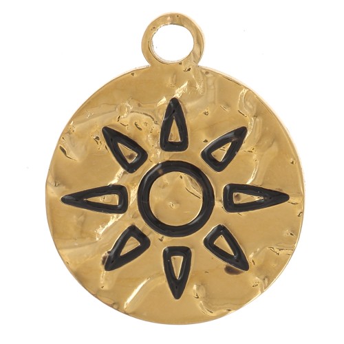 12mm 304L Stainless Steel Round Hammered Charm Sun Pattern - Gold x1