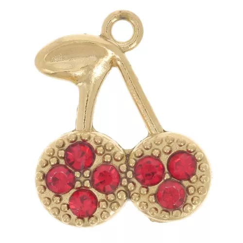 13x11mm Stainless steel 304L Charm cherry with rhinestones - Gold - Red x1