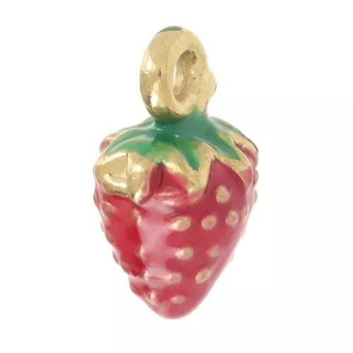 11x6mm 304L Stainless Steel strawberry Charm with Epoxy Resin - Gold - Red x1