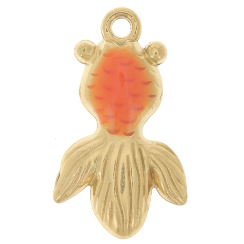 25x15mm 304L stainless steel Koi carp pendant with epoxy resin - Orange - Gold x1