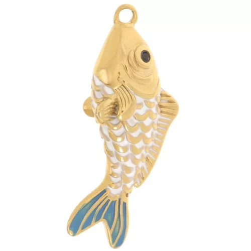 32x13mm 304L stainless steel Fish pendant epoxy resin - White - Blue - Gold x1