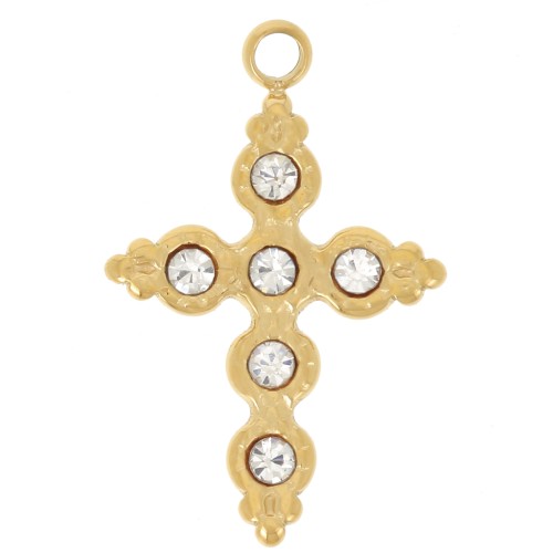 18x12mm 304L stainless steel Cross Charm with rhinestones - Gold x1