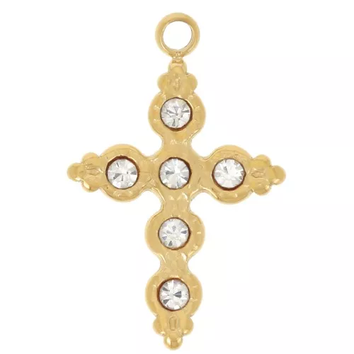18x12mm 304L stainless steel Cross Charm with rhinestones - Gold x1