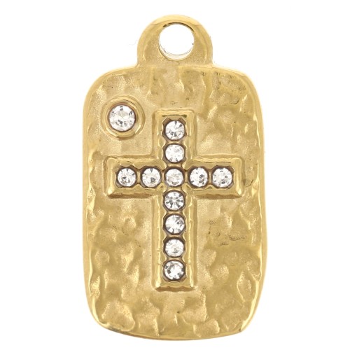 17x9mm 304L Stainless Steel Hammered Rectangle Charm Cross Pattern Gold x1