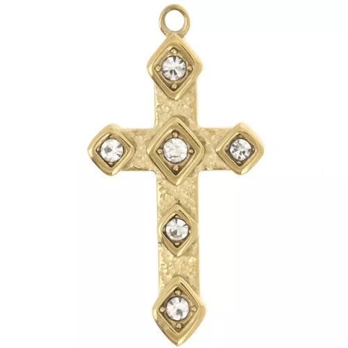 33x17mm 304L stainless steel Cross pendant with rhinestones - Gold x1