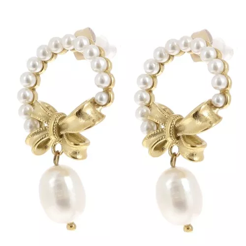 35x20mm Stainless steel 304L Earrings circle knot freshwater pearl - Gold x2