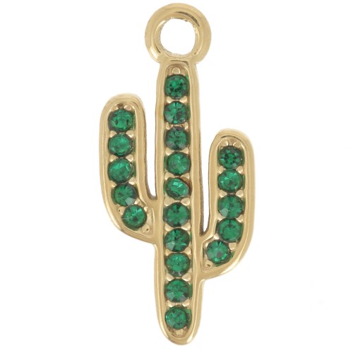 17x7.5mm 304L Stainless Steel cactus charm with rhinestones - Gold - Green x1