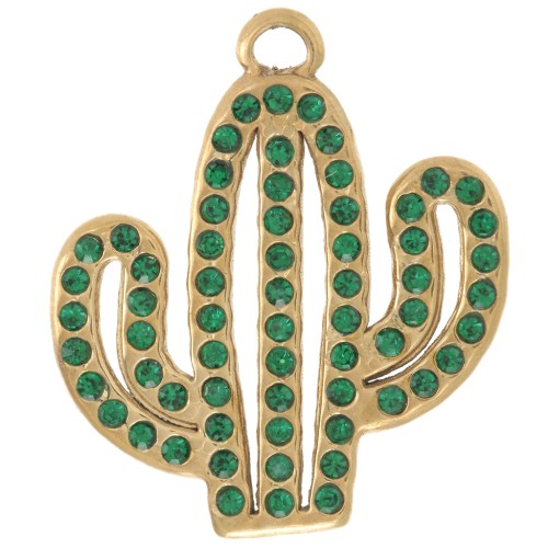 21x18mm 304L stainless steel Cactus pendant with rhinestones - Gold - Green x1