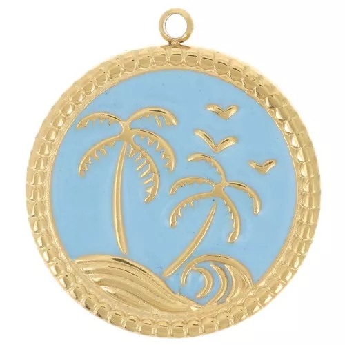 Round 20 mm palm tree pattern pendant with epoxy resin - 304L gold stainless steel - Blue