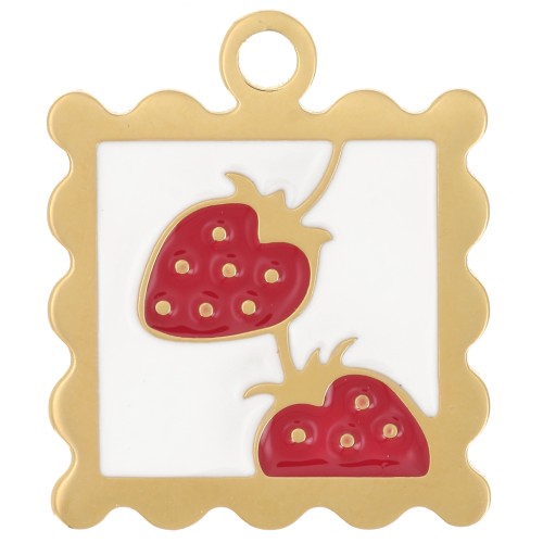Charm mini frame 19x16 mm - strawberry pattern - epoxy resin - Stainless steel 304L Gilded