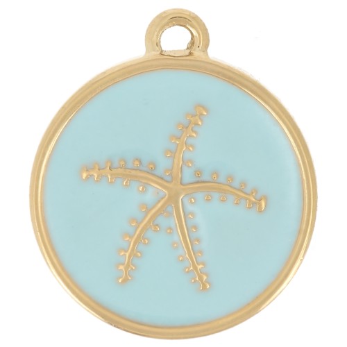 14mm 304L Stainless Steel Round Starfish Charm Epoxy Resin - Gold - Light Blue x1