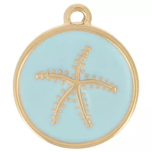 14mm 304L Stainless Steel Round Starfish Charm Epoxy Resin - Gold - Light Blue x1